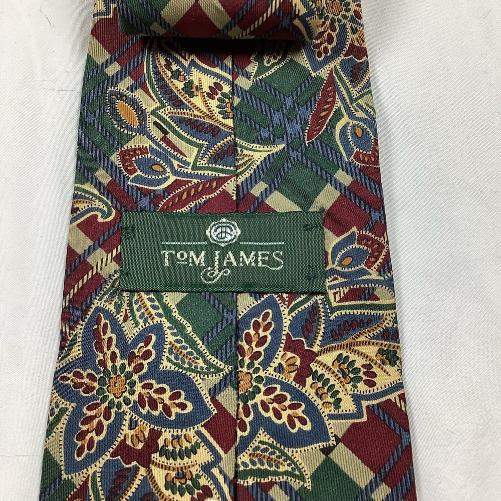 Tom James Silk Tie Red Green Floral Geometric Mens Necktie Made in USA‎